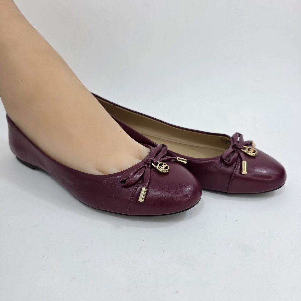Michael Kors Women's Melody Dark Berry Leather Bow Detail Flats Wine Size 6.5